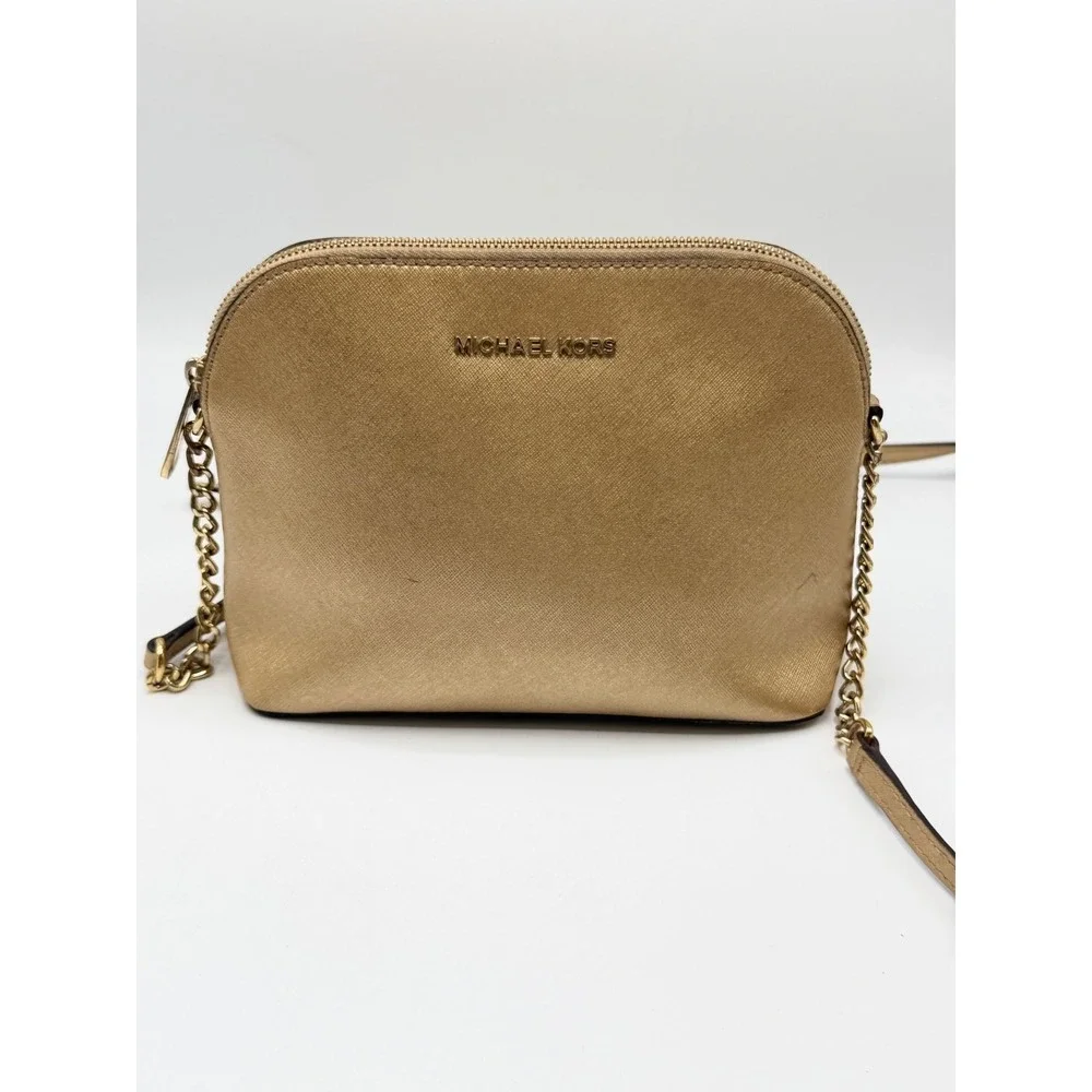 MICHAEL KORS Gold Saffiano Leather Dome Crossbody Bag Chain Strap AS IS